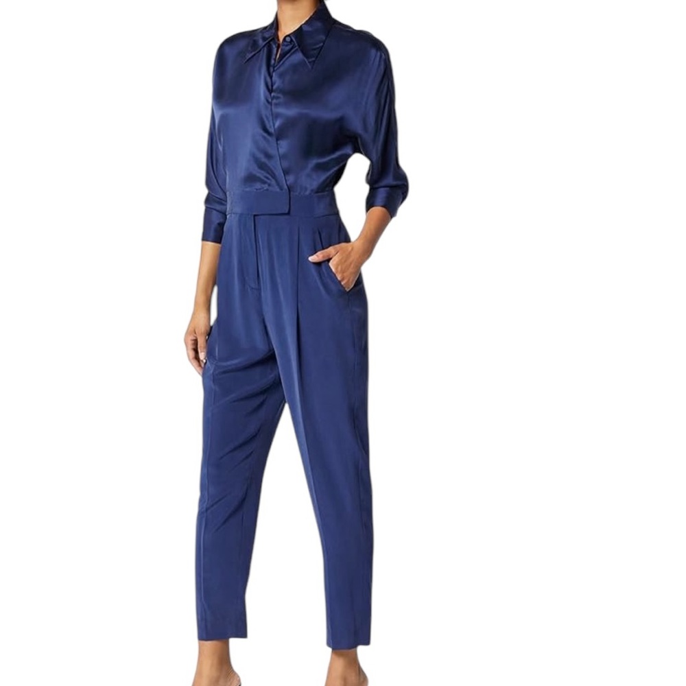 Equipment "Carlens" Silk Long Sleeve Surplice Jumpsuit in Medieval Blue 4